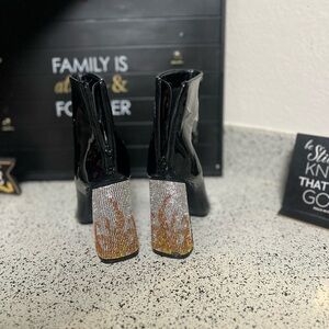 Black Patent Leather Boots with Rhinestone Heels